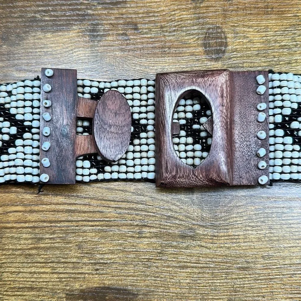 Women's Beaded Belt One Size Wide Wooden Hook Buckle Retro Boho‎ Stretch Fit